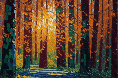 abstract painting of forest path with sun shining through trees